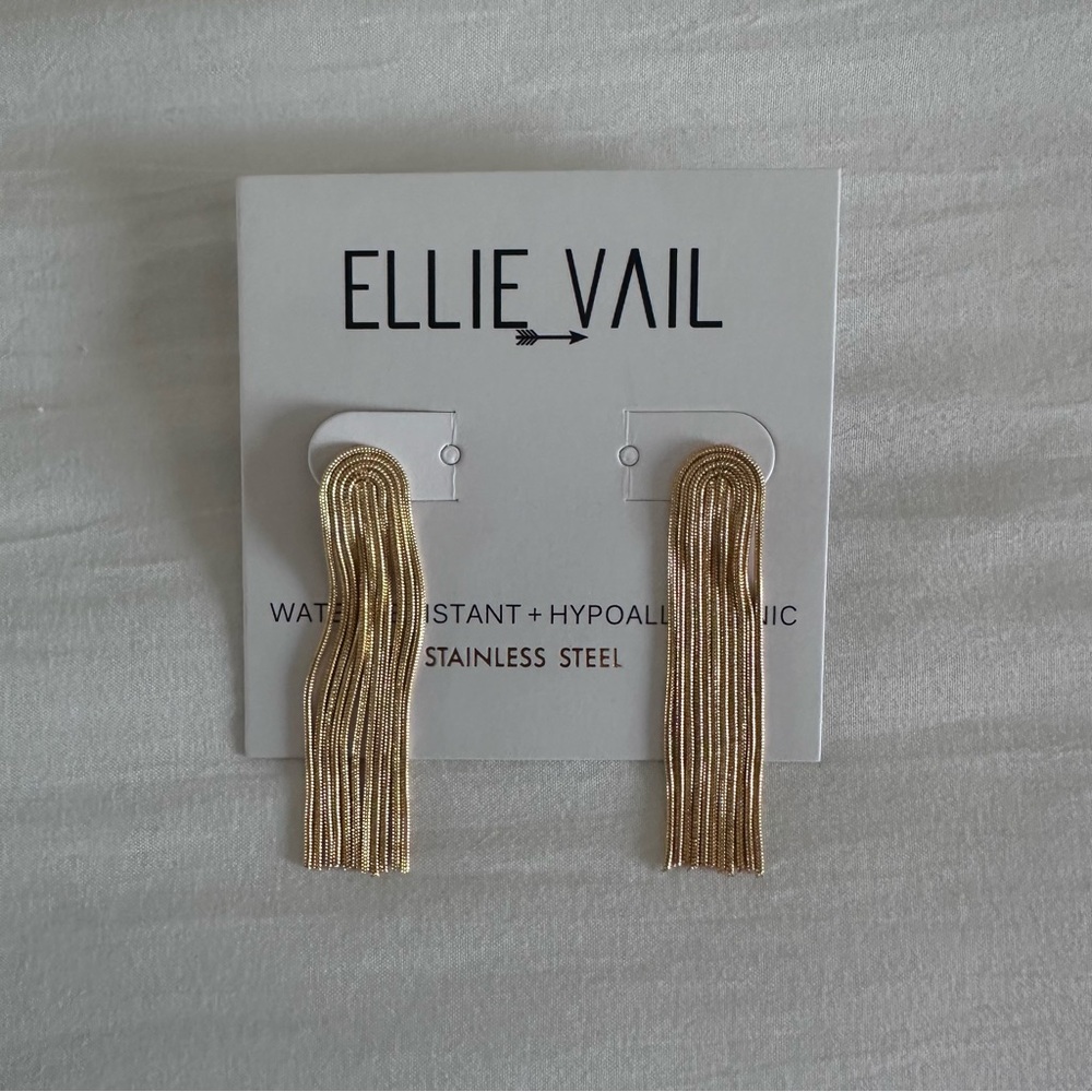 NWT Ellie Vail Waterproof 18k Gold Stainless Steel Tassel Chain Dangly Earrings